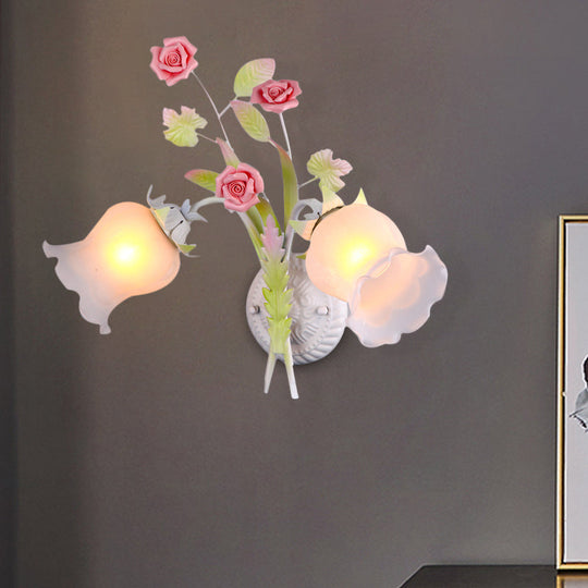 Rural Floral Sconce With 2 Opal Glass Lights And Bloom Deco In Green/White/Pink