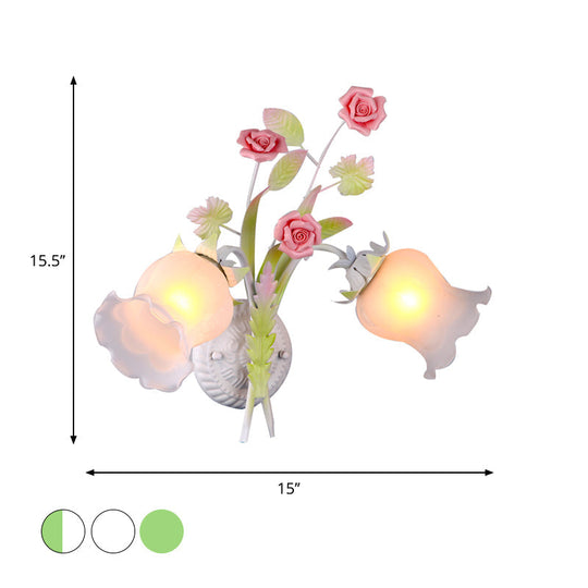 Rural Floral Sconce With 2 Opal Glass Lights And Bloom Deco In Green/White/Pink
