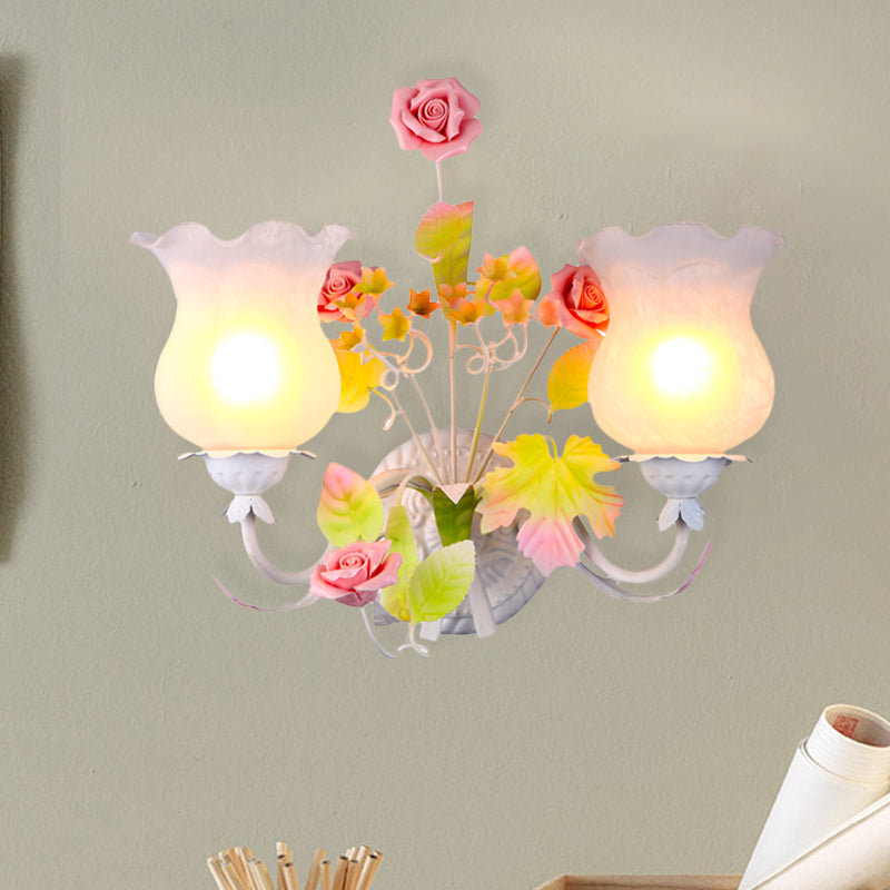 Retro Metal Flower Sconce Light With Glass Shade - Bedroom Wall Mounted Fixture 2 Heads And Bloom