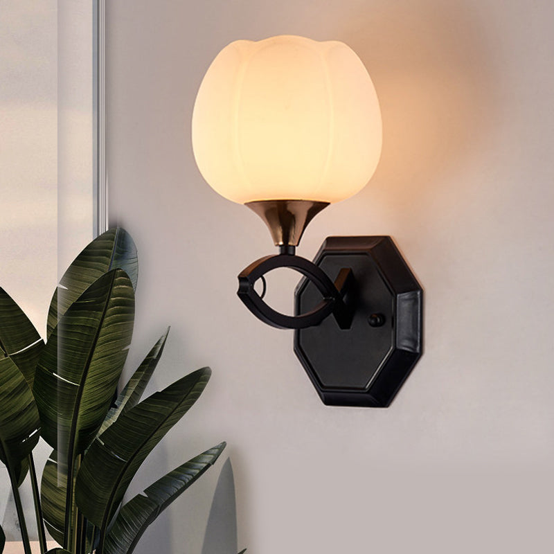 Traditional White Glass Indoor Wall Sconce Lighting With 1-Head And Black Finish - Bud Shape Lamp