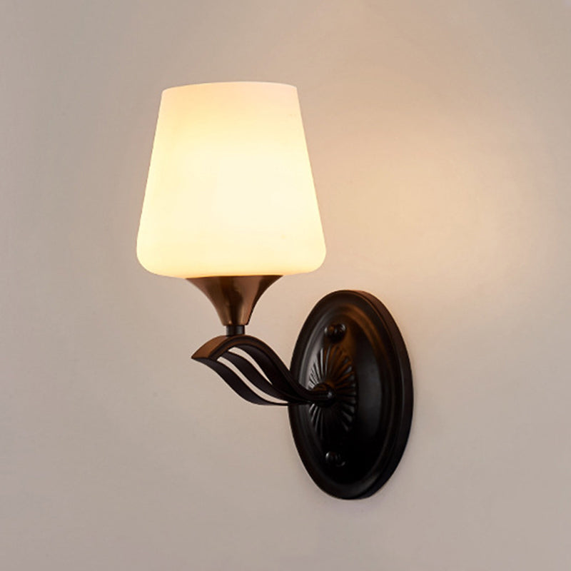 Traditional Wall Mounted Conic Lamp - Black 1-Light With White Frosted Glass Fixture