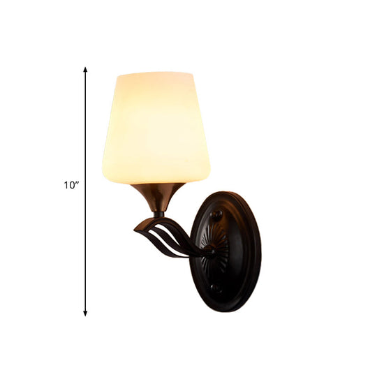 Traditional Wall Mounted Conic Lamp - Black 1-Light With White Frosted Glass Fixture