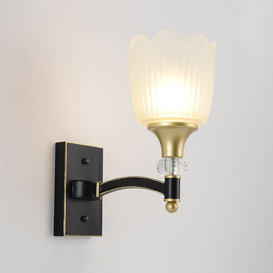 Farmhouse Scalloped Floral Wall Sconce With Opal Glass Shades - Black And Gold Finish