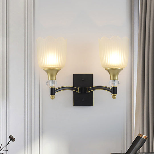 Farmhouse Scalloped Floral Wall Sconce With Opal Glass Shades - Black And Gold Finish