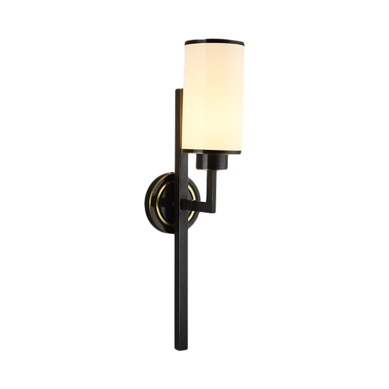 Country Opal Glass Cylindrical Wall Lamp - Black Single Bulb Lighting Fixture For Living Room