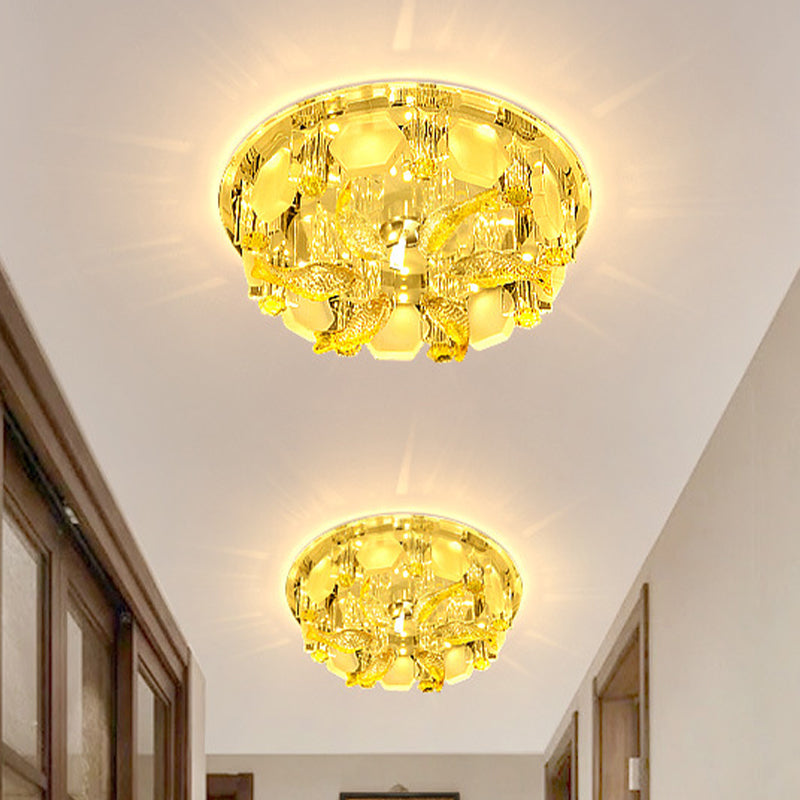 Yellow Fish Small Led Crystal Flushmount Lamp - Modern Corridor Ceiling Light 7’/9.5’ Wide