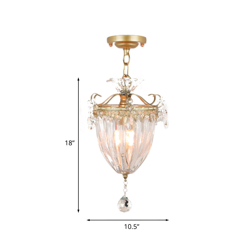 1 - Bulb Semi Flush Gold Ceiling Light With Traditional Ribbed Crystal Bell Design