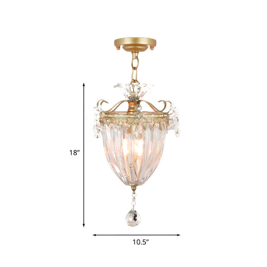 1 - Bulb Semi Flush Gold Ceiling Light With Traditional Ribbed Crystal Bell Design