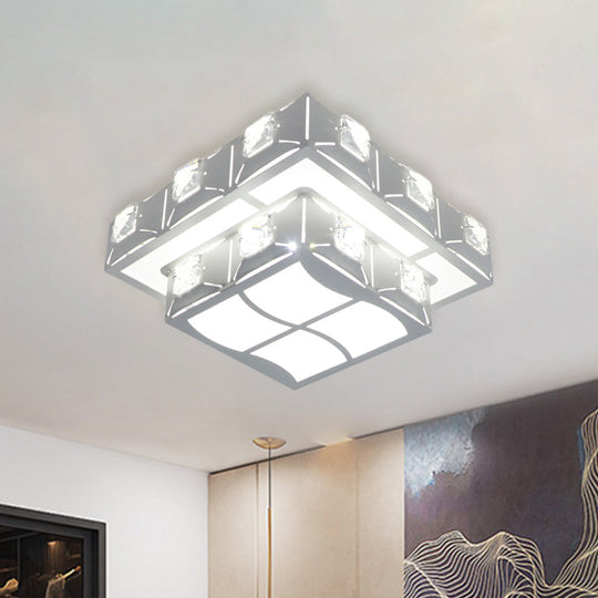 Modern Crystal Embedded 2-Tier Square Ceiling Flush-Mount Light Fixture - White Led Corridor