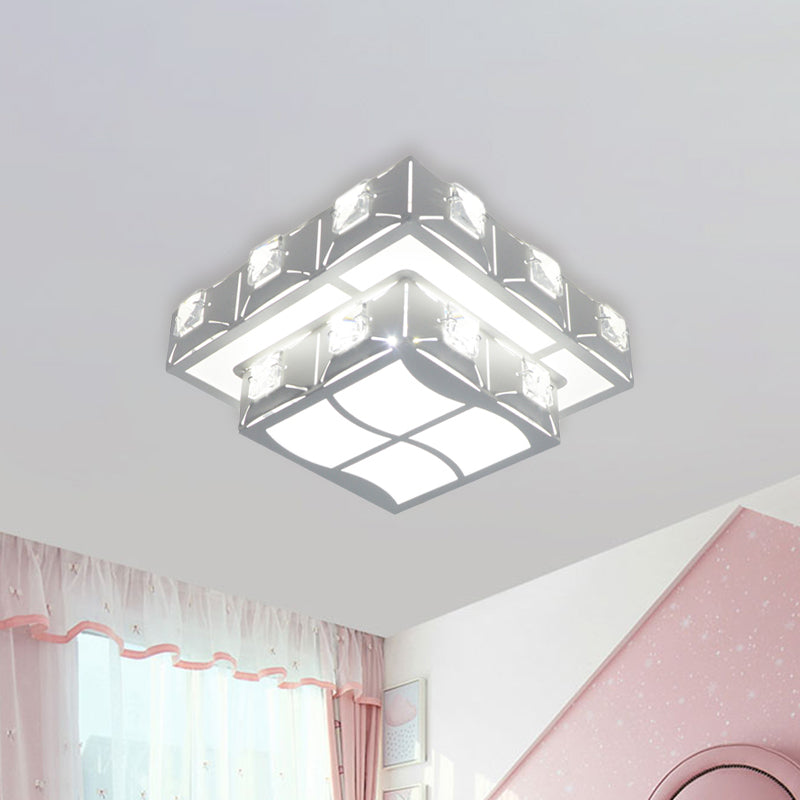 Modern Crystal Embedded 2 - Tier Square Ceiling Flush - Mount Light Fixture - White Led Corridor