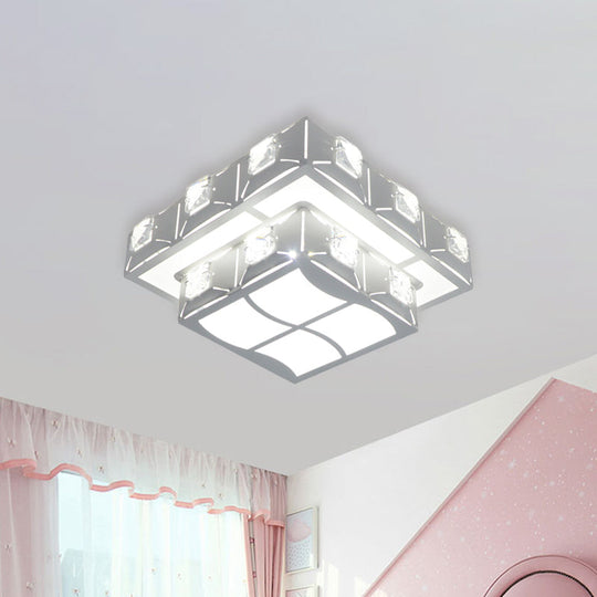 Modern Crystal Embedded 2 - Tier Square Ceiling Flush - Mount Light Fixture - White Led Corridor