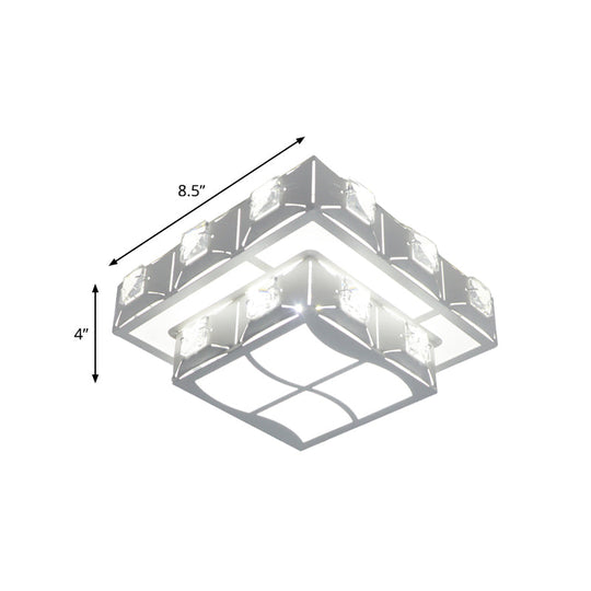 Modern Crystal Embedded 2-Tier Square Ceiling Flush-Mount Light Fixture - White Led Corridor