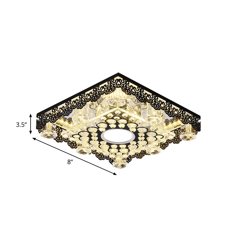 Black Crystal Floral-Trim Led Close-To-Ceiling Lamp - Contemporary Square/Round Design