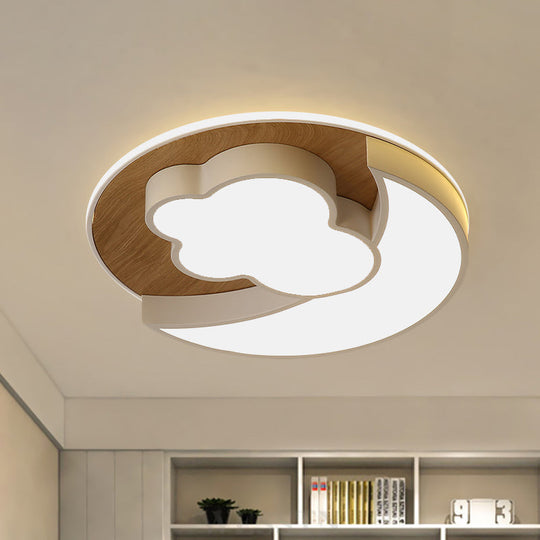 Cartoon Crescent And Cloud Led Flush Mount Light For Child’s Bedroom In Blue/Wood Wood