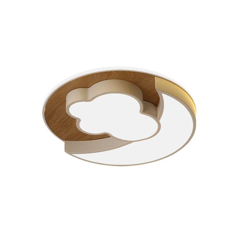 Cartoon Crescent And Cloud Led Flush Mount Light For Childs Bedroom In Blue/Wood