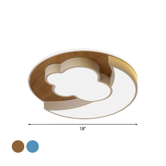Cartoon Crescent And Cloud Led Flush Mount Light For Childs Bedroom In Blue/Wood