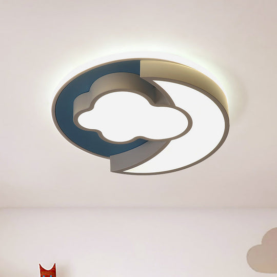 Cartoon Crescent And Cloud Led Flush Mount Light For Child’s Bedroom In Blue/Wood