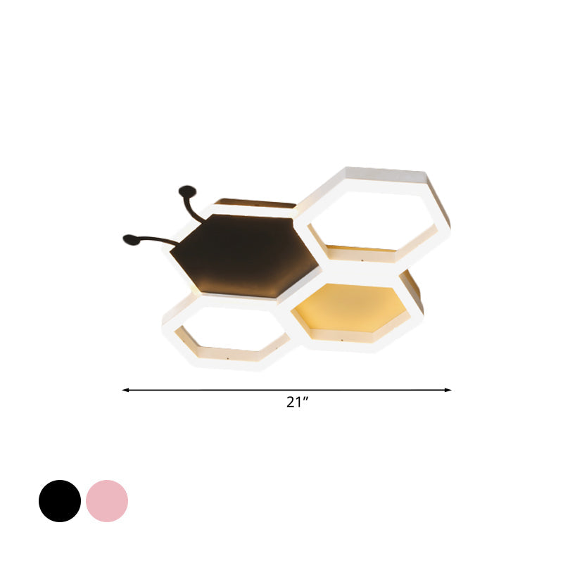 Baby Room Ceiling Light: Kids Honeycomb Iron Led Flushmount - Pink/Black Warm/White Light