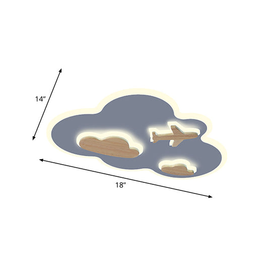 Cloud Flight Ceiling Flush Mount Cartoon Acrylic Blue Wood Led Light Fixture