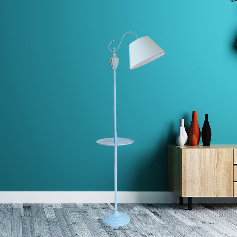 Truncated Cone Shade Floor Lamp In Macaron Fabric - Pink/Blue/Yellow | 1 Bulb Storage Tray Ideal For