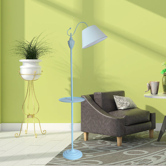 Truncated Cone Shade Floor Lamp In Macaron Fabric - Pink/Blue/Yellow | 1 Bulb Storage Tray Ideal For