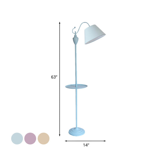Truncated Cone Shade Floor Lamp In Macaron Fabric - Pink/Blue/Yellow | 1 Bulb Storage Tray Ideal For