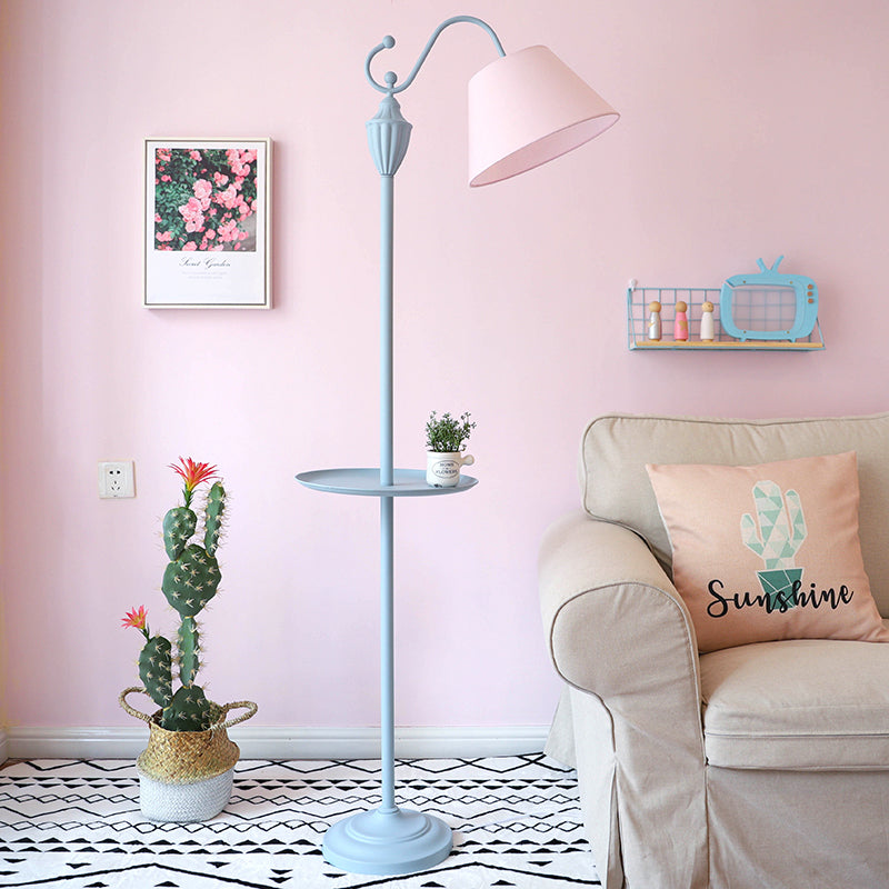 Truncated Cone Shade Floor Lamp In Macaron Fabric - Pink/Blue/Yellow | 1 Bulb Storage Tray Ideal For