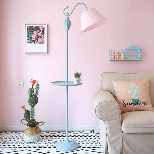 Truncated Cone Shade Floor Lamp In Macaron Fabric - Pink/Blue/Yellow | 1 Bulb Storage Tray Ideal For