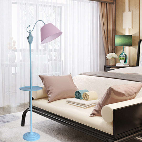 Truncated Cone Shade Floor Lamp In Macaron Fabric - Pink/Blue/Yellow | 1 Bulb Storage Tray Ideal For