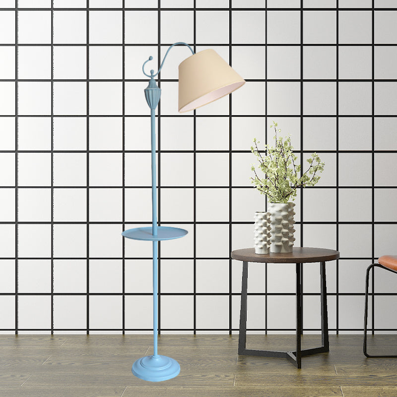 Truncated Cone Shade Floor Lamp In Macaron Fabric - Pink/Blue/Yellow | 1 Bulb Storage Tray Ideal For