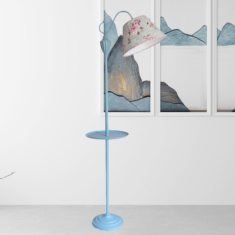 Truncated Cone Shade Floor Lamp In Macaron Fabric - Pink/Blue/Yellow | 1 Bulb Storage Tray Ideal For