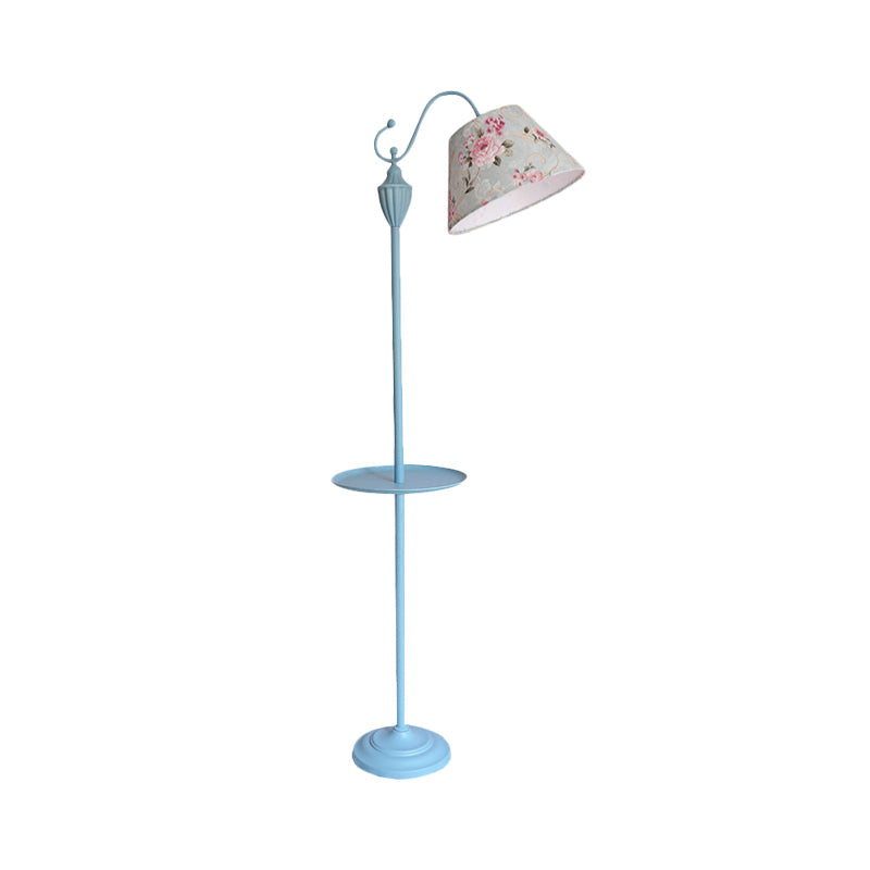 Truncated Cone Shade Floor Lamp In Macaron Fabric - Pink/Blue/Yellow | 1 Bulb Storage Tray Ideal For