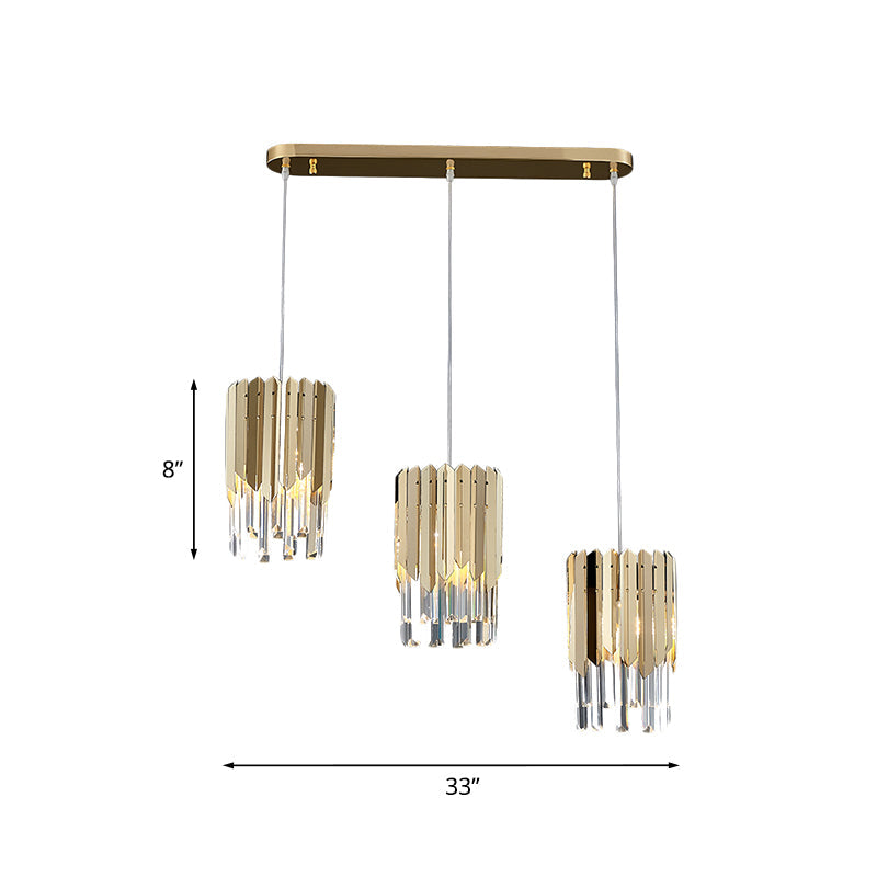 Gold Crystal Rectangle Pendant Light For Dining Room - Luxurious Layered Cluster Clear 3-Head