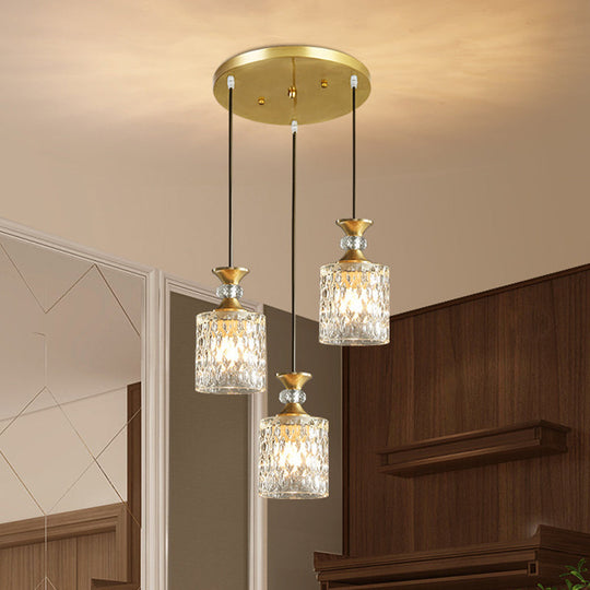 Gold Cylindrical Crystal Cluster Pendant Light - Luxurious 3-Light Down Lighting For Restaurants