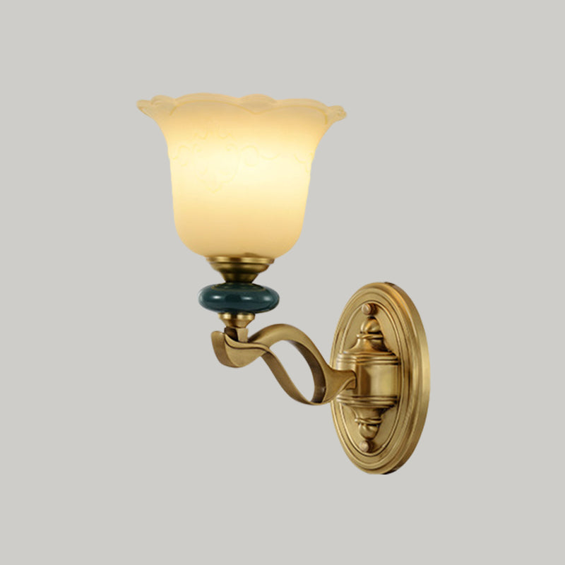 Gold Flower Frosted Glass Wall Lamp - Traditional Indoor 1/2-Light