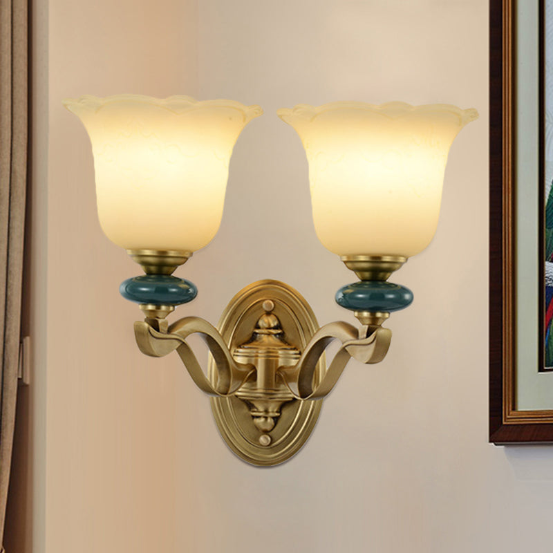 Gold Flower Frosted Glass Wall Lamp - Traditional Indoor 1/2-Light 2 /