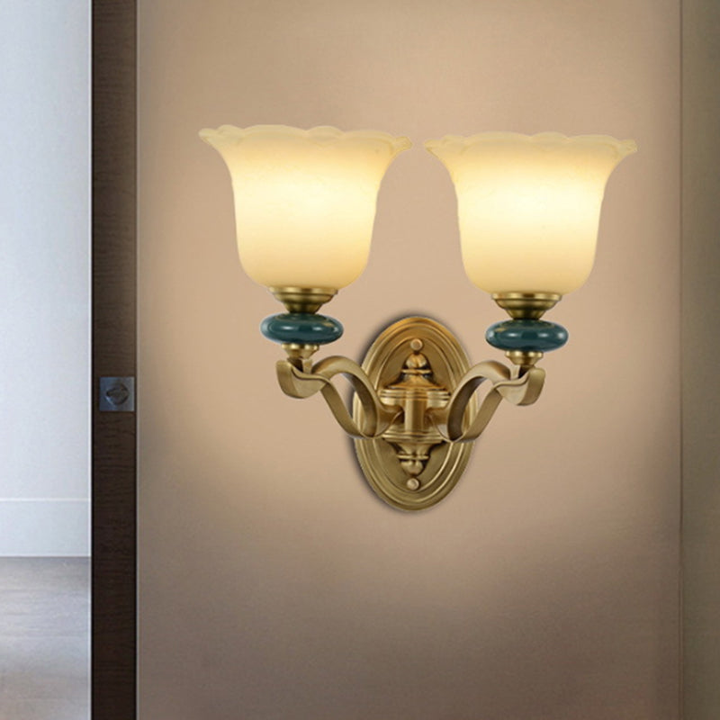 Gold Flower Frosted Glass Wall Lamp - Traditional Indoor 1/2-Light
