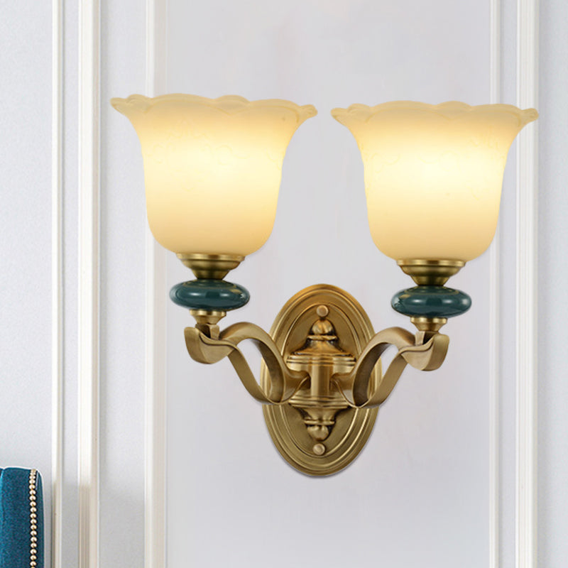 Gold Flower Frosted Glass Wall Lamp - Traditional Indoor 1/2-Light