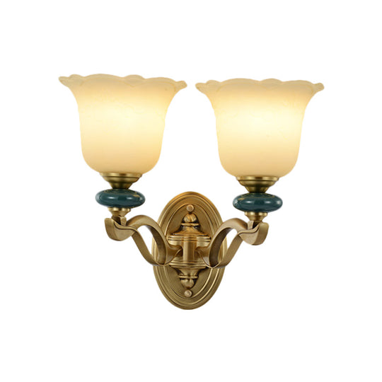 Gold Flower Frosted Glass Wall Lamp - Traditional Indoor 1/2-Light