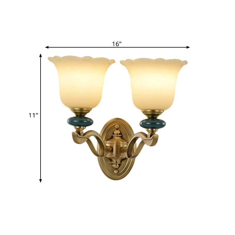 Gold Flower Frosted Glass Wall Lamp - Traditional Indoor 1/2-Light