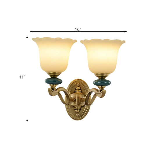 Gold Flower Frosted Glass Wall Lamp - Traditional Indoor 1/2-Light