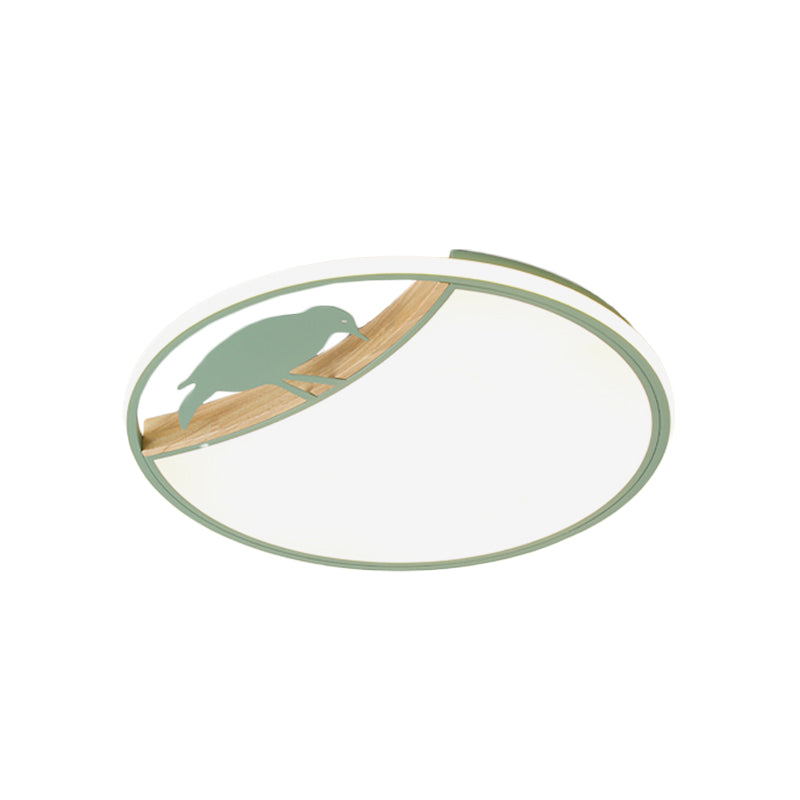 Nordic Round Led Flush Mount With Bird Deco - White/Grey/Green Acrylic Fixture