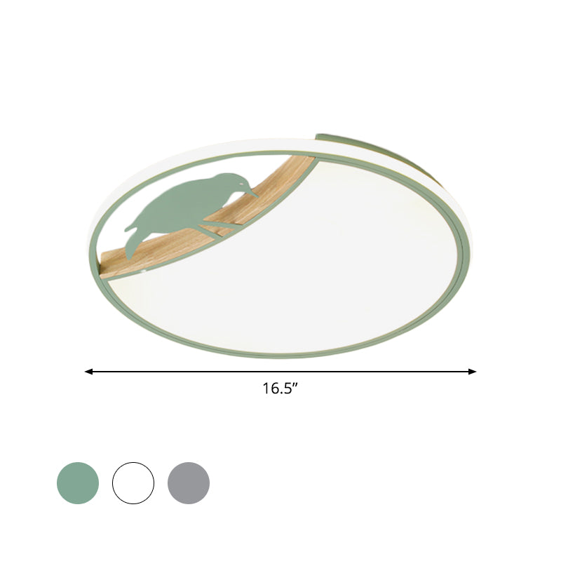 Nordic Round Led Flush Mount With Bird Deco - White/Grey/Green Acrylic Fixture