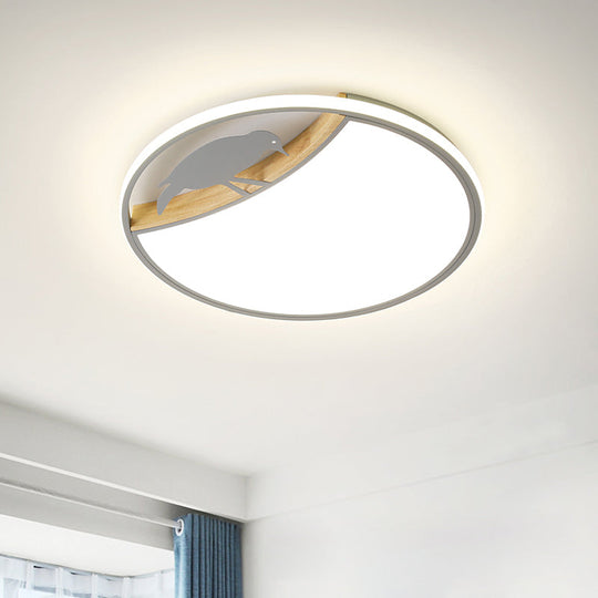 Nordic Round Led Flush Mount With Bird Deco - White/Grey/Green Acrylic Fixture