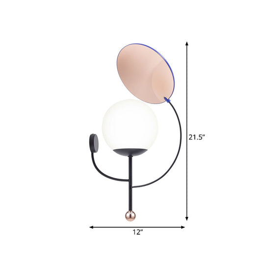 Nordic Opal Glass Wall Sconce With Round Mirror - 1-Head Bedroom Light Fixture (Black)