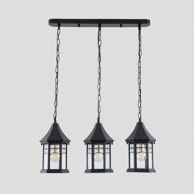 Black Multi-Panel Cottage Lantern Ceiling Light With Clear Glass And Linear Canopy - 3 Lights