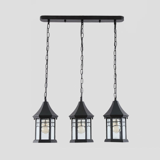 Black Multi-Panel Cottage Lantern Ceiling Light With Clear Glass And Linear Canopy - 3 Lights