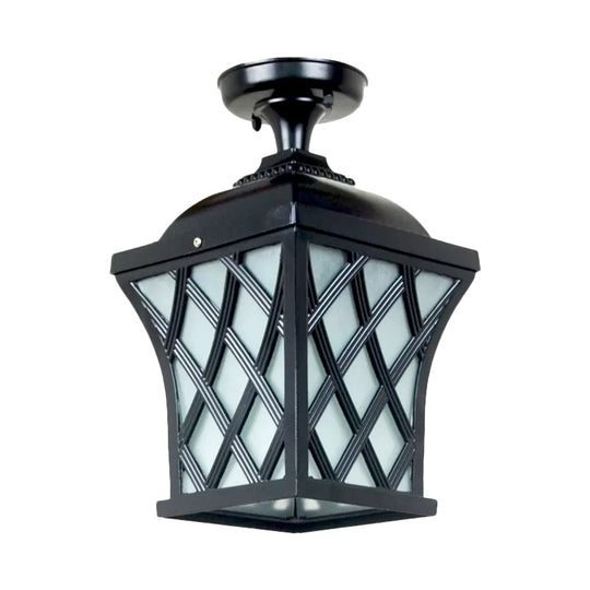 Opal Glass Lantern Semi Flush Mount Country Balcony Light In Black/Bronze - Metal X - Frame 1