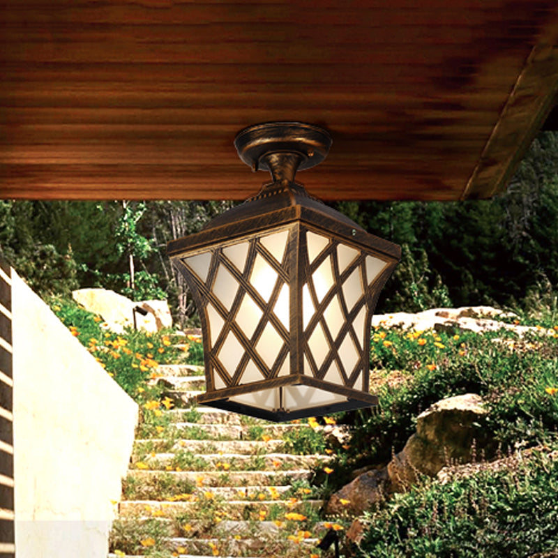 Opal Glass Lantern Semi Flush Mount Country Balcony Light In Black/Bronze - Metal X - Frame 1