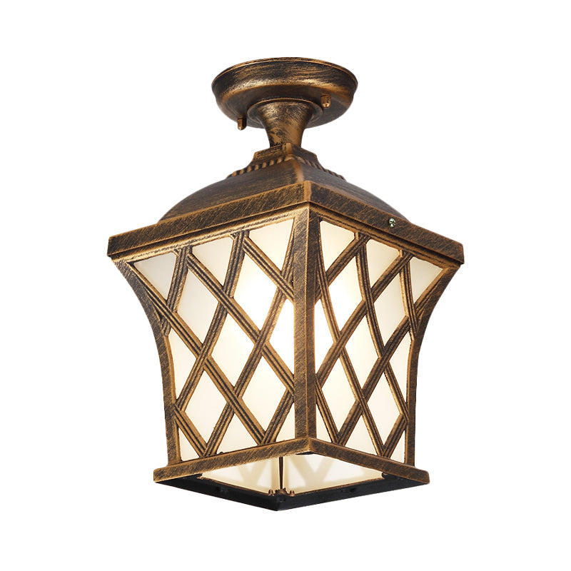 Opal Glass Lantern Semi Flush Mount Country Balcony Light In Black/Bronze - Metal X - Frame 1